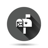 Mailbox-Symbol im flachen Stil. Briefkastenvektorillustration auf schwarzem rundem Hintergrund mit langem Schatteneffekt. E-Mail-Umschlag Kreis Schaltfläche Geschäftskonzept. vektor