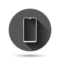 Smartphone-Symbol für leeren Bildschirm im flachen Stil. Handy-Vektorillustration auf schwarzem rundem Hintergrund mit langem Schatteneffekt. Telefon-Kreis-Schaltfläche Geschäftskonzept. vektor