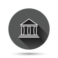 Bankgebäude-Symbol im flachen Stil. Regierungsarchitektur-Vektorillustration auf schwarzem rundem Hintergrund mit langem Schatteneffekt. Museum Außenkreis Schaltfläche Geschäftskonzept. vektor