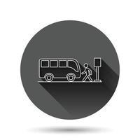 Busbahnhof-Symbol im flachen Stil. Autostopp-Vektorillustration auf schwarzem rundem Hintergrund mit langem Schatteneffekt. Autobus-Fahrzeug-Kreis-Schaltflächen-Geschäftskonzept. vektor