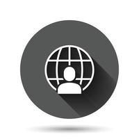 Menschen globales Symbol im flachen Stil. Weltkommunikationsvektorillustration auf schwarzem rundem Hintergrund mit langem Schatteneffekt. Zusammenarbeit Kreis Schaltfläche Geschäftskonzept. vektor