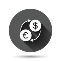 valuta utbyta ikon i platt stil. dollar euro överföra vektor illustration på svart runda bakgrund med lång skugga effekt. finansiell bearbeta cirkel knapp företag begrepp.