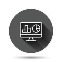 Website-Analytics-Symbol im flachen Stil. seo-datenvektorillustration auf schwarzem rundem hintergrund mit langem schatteneffekt. Computer Diagramm Kreis Schaltfläche Geschäftskonzept. vektor