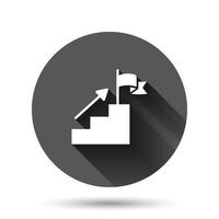 Treppe mit Finish-Flag-Symbol im flachen Stil. Führungsherausforderungsvektorillustration auf schwarzem rundem Hintergrund mit langem Schatteneffekt. Karriere Wachstum Kreis Schaltfläche Geschäftskonzept. vektor