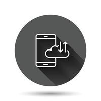 Smartphone mit Wolkensymbol im flachen Stil. Telefonnetzspeicher-Vektorillustration auf schwarzem rundem Hintergrund mit langem Schatteneffekt. Online-Backup-Schaltfläche Geschäftskonzept. vektor