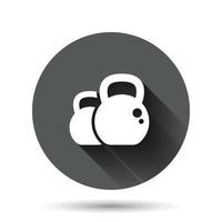 Kettlebell-Symbol im flachen Stil. Langhantel-Sportgeräte-Vektorillustration auf schwarzem rundem Hintergrund mit langem Schatteneffekt. Hantel-Kreis-Schaltfläche Geschäftskonzept. vektor