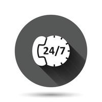 Telefondienst 24 7 Symbol im flachen Stil. Telefongesprächsvektorillustration auf schwarzem rundem Hintergrund mit langem Schatteneffekt. Hotline Kontakt Kreis Schaltfläche Geschäftskonzept. vektor