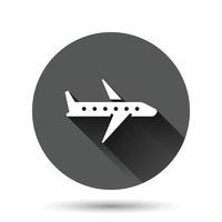 Flugzeug-Symbol im flachen Stil. Flugzeugvektorillustration auf schwarzem rundem Hintergrund mit langem Schatteneffekt. Flug Airliner Kreis Schaltfläche Geschäftskonzept. vektor