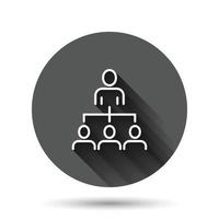 Unternehmensorganigramm mit Geschäftsleuten Vektorsymbol im flachen Stil. menschen zusammenarbeitsillustration auf schwarzem rundem hintergrund mit langem schatteneffekt. Teamarbeit-Kreis-Schaltflächen-Geschäftskonzept. vektor