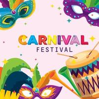 karneval mask med fjädrar och joker hatt dekoration med trumma vektor