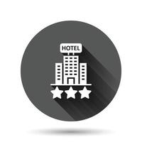 Hotel 3-Sterne-Schild-Symbol im flachen Stil. gasthausgebäude-vektorillustration auf schwarzem rundem hintergrund mit langem schatteneffekt. Hostel-Zimmer-Kreis-Schaltfläche Geschäftskonzept. vektor