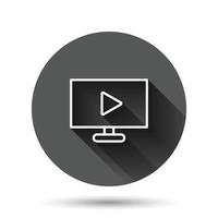 TV-Bildschirmsymbol im flachen Stil. Videovektorillustration auf schwarzem rundem Hintergrund mit langem Schatteneffekt. Computer-Monitor-Kreis-Schaltfläche Geschäftskonzept. vektor