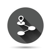 Karte-Pin-Symbol im flachen Stil. GPS-Navigationsvektorillustration auf schwarzem rundem Hintergrund mit langem Schatteneffekt. Suchen Sie Position Kreis Schaltfläche Geschäftskonzept. vektor
