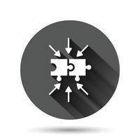 pussel kontursåg ikon i platt stil. lösning kompatibel vektor illustration på svart runda bakgrund med lång skugga effekt. kombination cirkel knapp företag begrepp.