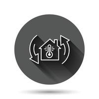 Thermometer Home-Symbol im flachen Stil. Hausklimatisierungsvektorillustration auf schwarzem rundem Hintergrund mit langem Schatteneffekt. heiße, kalte Temperatur Kreis Schaltfläche Geschäftskonzept. vektor