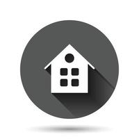 Gebäudesymbol im flachen Stil. Hauptvektorillustration auf schwarzem rundem Hintergrund mit langem Schatteneffekt. Haus-Kreis-Schaltfläche Geschäftskonzept. vektor