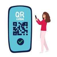 baner landning sida qr koda läser in ikon i smartphone. hand innehav mobil telefon i linje stil, streckkod scanner för betala, webb, mobil app, kampanj. vektor illustration