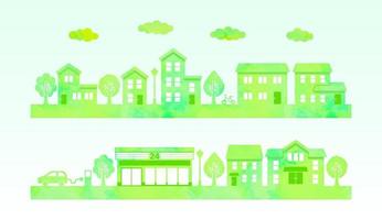 vattenfärg stadsbilden silhuett. söt illustration för bakgrund -grön vektor