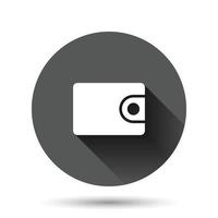 Brieftaschen-Symbol im flachen Stil. Geldbeutelvektorillustration auf schwarzem rundem Hintergrund mit langem Schatteneffekt. Geschäftskonzept der Finanzbeutel-Kreisschaltfläche. vektor
