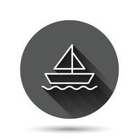 turism fartyg ikon i platt stil. fiske båt vektor illustration på svart runda bakgrund med lång skugga effekt. tankfartyg destination cirkel knapp företag begrepp.