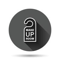 Make-up-Zimmer-Hotelschild-Symbol im flachen Stil. Inn-Vektorillustration auf schwarzem rundem Hintergrund mit langem Schatteneffekt. Herberge saubere Kreis Schaltfläche Geschäftskonzept. vektor