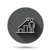 människor med tillväxt pil ikon i platt stil. arbete strategi vektor illustration på svart runda bakgrund med lång skugga effekt. kontor Träning cirkel knapp företag begrepp.