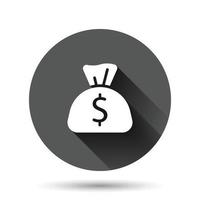 Geldsack-Symbol im flachen Stil. Geldbeutel mit Dollarvektorillustration auf schwarzem rundem Hintergrund mit langem Schatteneffekt. Cash Sack Kreis Schaltfläche Geschäftskonzept. vektor