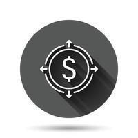 Geldeinnahmen-Symbol im flachen Stil. Dollarmünzen-Vektorillustration auf schwarzem rundem Hintergrund mit langem Schatteneffekt. Finanzstruktur Kreis Schaltfläche Geschäftskonzept. vektor