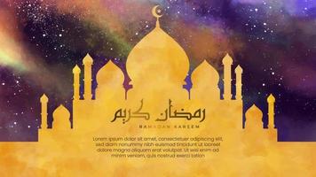 schöne goldene moschee aquarellvektorillustration mit arabischer schrift und einem galaxienhintergrund. islamisches Banner mit abstrakter und farbenfroher Moschee vektor