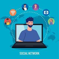 soziales netzwerk, menschen, die über laptop verbunden sind, interaktives, kommunizierendes und globales konzept vektor