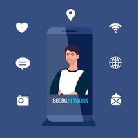 soziales netzwerk, junger mann im smartphone mit social-media-ikonen vektor