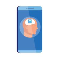 mental hälsa bistånd uppkopplad i smartphone, mänsklig profil med bok, på vit bakgrund vektor