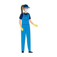 kvinna arbetstagare av rengöring service bär medicinsk mask, på vit bakgrund vektor