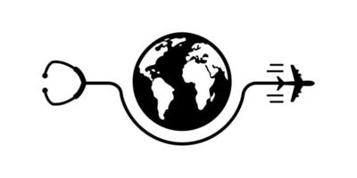 Symbol für medizinischen Tourismus. Stethoskop, Flugzeug und Planet Erde. isolierte Vektorillustration. vektor