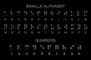 Braille-Alphabete und Zahlen. Braille ist ein taktiles Schriftsystem, das von blinden oder sehbehinderten Menschen verwendet wird. isolierte Vektorillustration. vektor