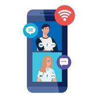 Paar im Video-Chat online auf dem Smartphone, mit Social-Media-Symbolen vektor
