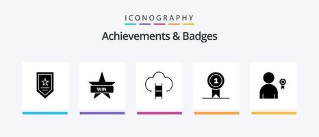 Errungenschaften und Abzeichen Glyph 5 Icon Pack inklusive best. gewinnen. Werdegang. Auszeichnungen Preis. kreatives Symboldesign vektor