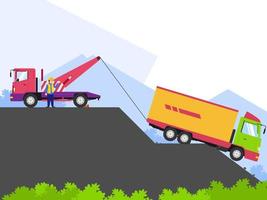 bogsera lastbil dragande en stor lastbil den där är förvirrad i en ravin, lastbil olycka, rädda, enkel vektor illustration