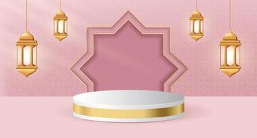 3d-produktanzeige podium themenorientiert islamisch mit laterne für ramadan. islamische 3d-anzeigepodiumdekoration mit realistischer laterne. Vektor-Illustration vektor