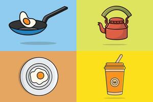 uppsättning av frukost mat och dryck Utrustning vektor illustration. frukost mat ikon begrepp. te vattenkokare, kaffe kopp, friterad ägg i tallrik och matlagning ägg i fritera panorera, frukost samling vektor design.
