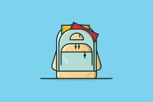 offener taschenrucksack mit buchvektorillustration. Bildungs- und Reiseobjekt-Icon-Konzept. schultaschenrucksack, zurück zur schule und bildungskonzeptvektordesign mit schatten auf blauem hintergrund. vektor