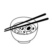 traditionell japansk miso soppa med spaghetti och ätpinnar. enkel klotter illustration. asiatisk mat bläck skiss isolerat på vit vektor