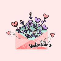 valentine hälsning med illustration av brev och blommor. vektor illustration