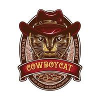 årgång logotyp emblem en katt bär en cowboy klänning stirrar skarpt och kyligt mot ett oval bakgrund med flera ornament vektor