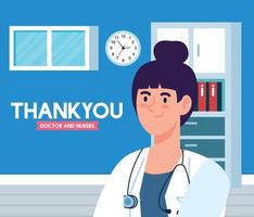 tacka du läkare och sjuksköterskor arbetssätt i sjukhus, kvinna läkare i hört rum stridande de coronavirus covid 19 vektor