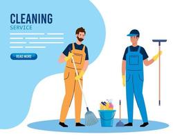 reinigungsdienstbanner, männliche mitarbeiter des reinigungsdienstes mit ausrüstungen vektor