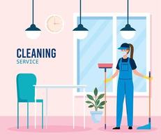 rengöring service, kvinna arbetstagare av rengöring service bär medicinsk mask i de restaurang vektor