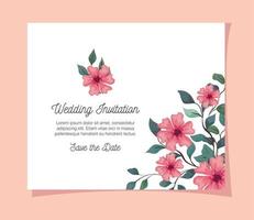hälsning kort med blommor rosa Färg, bröllop inbjudan med blommor rosa Färg med grenar och löv dekoration vektor