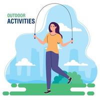baner, kvinna utför fritid utomhus- aktiviteter, kvinna Hoppar rep vektor