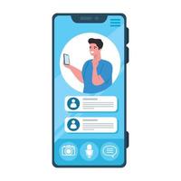uppkopplad chatt meddelanden, ung man på skärm av smartphone, chatt digital kommunikation uppkopplad vektor